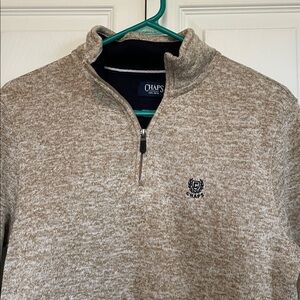 NWT Chaps Men's Heather Tan Fleece quarter Zip S Long sleeve pockets blue logo